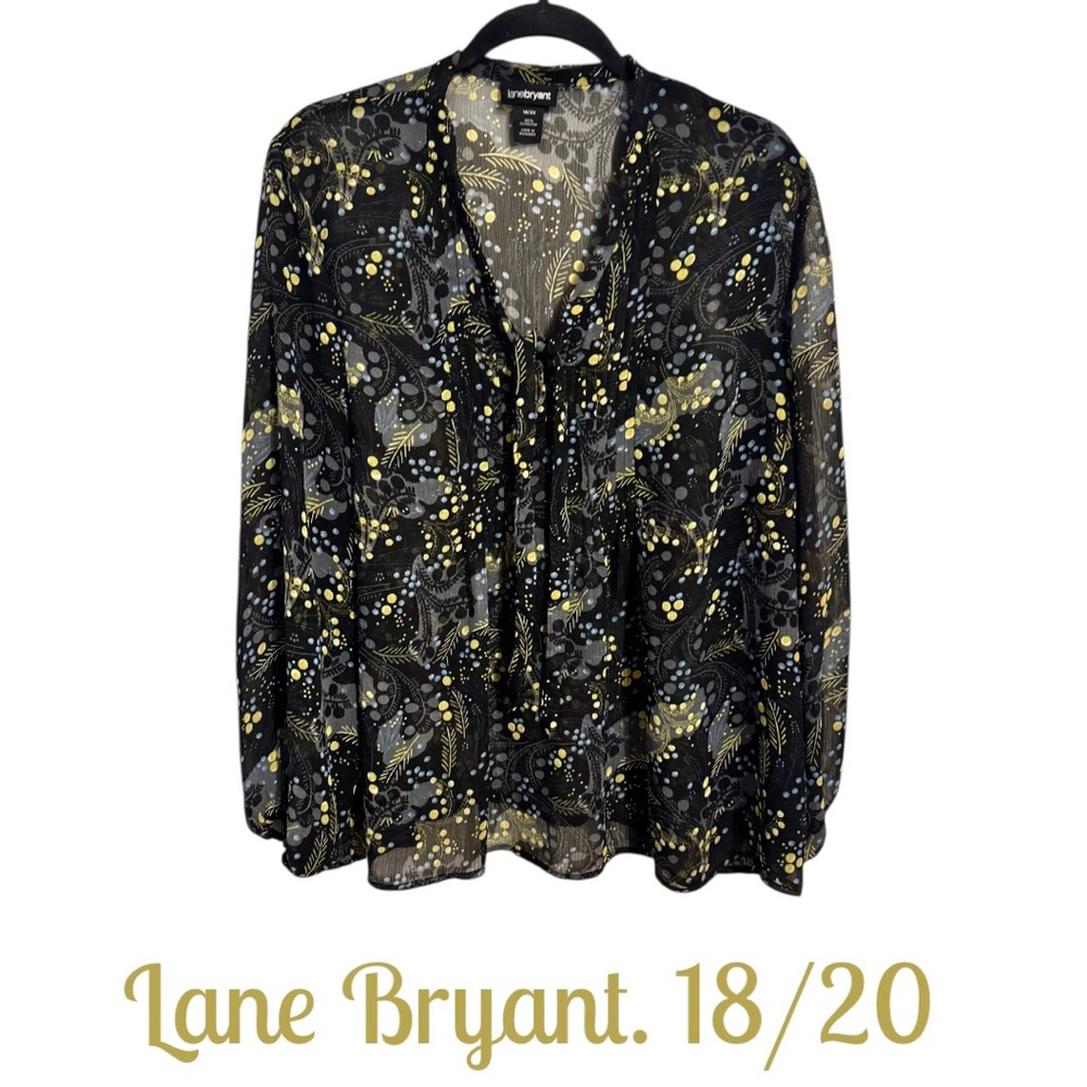 LANE BRYANT Black Print Neckline Tie Blouse  FALL!!!  PLUS: 18/20      #T